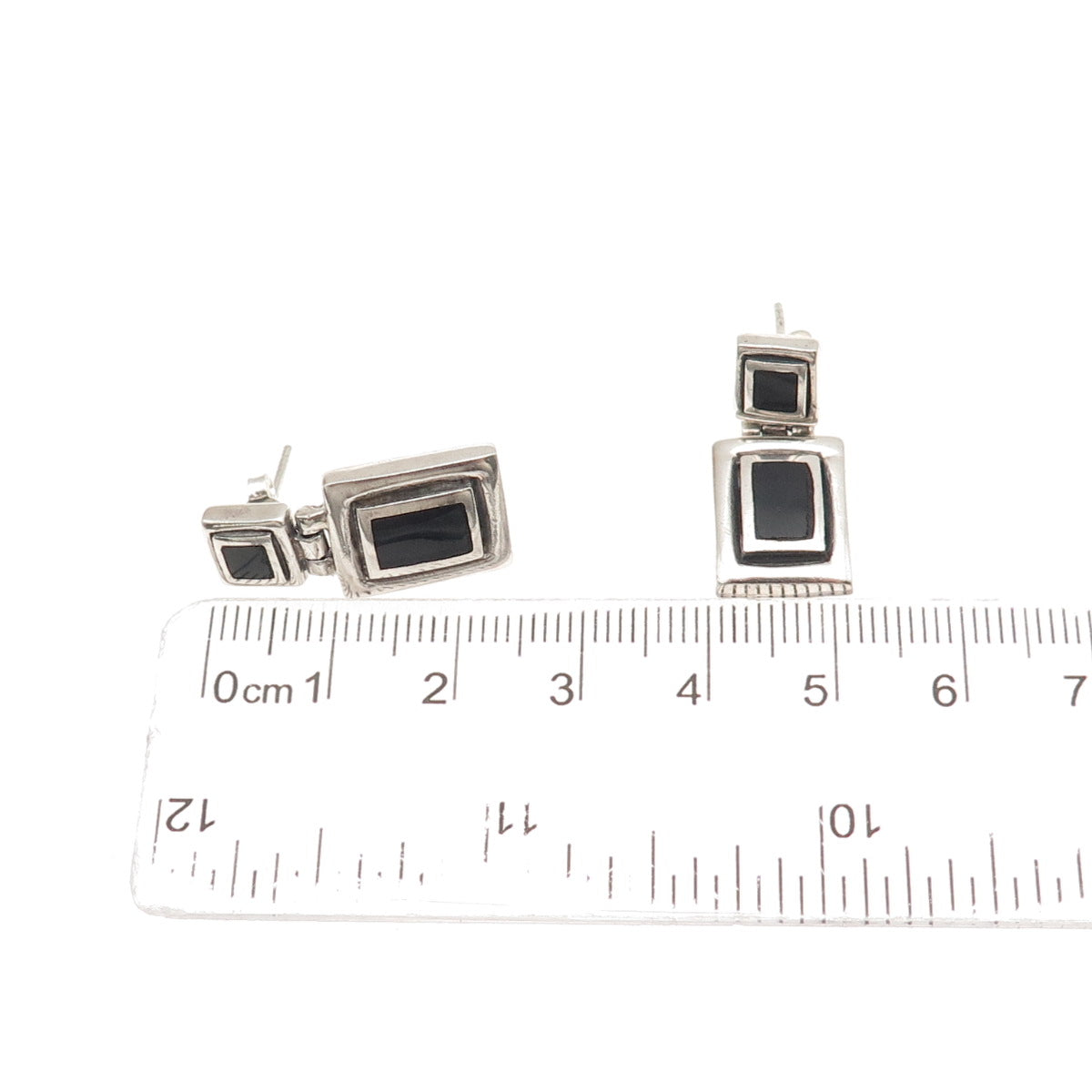 925 Sterling Silver Vintage Real Black Onyx Geometric Oxidized Earrings