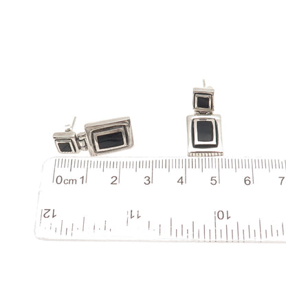 925 Sterling Silver Vintage Real Black Onyx Geometric Oxidized Earrings