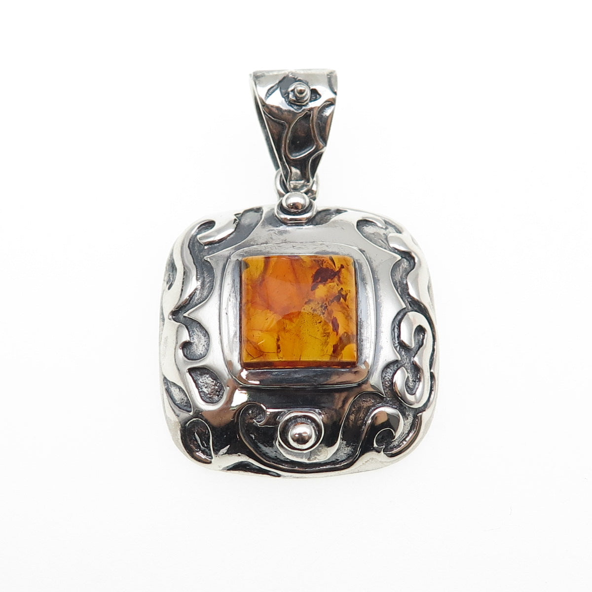 925 Sterling Silver Vintage Real Amber Swirl Oxidized Charm Pendant