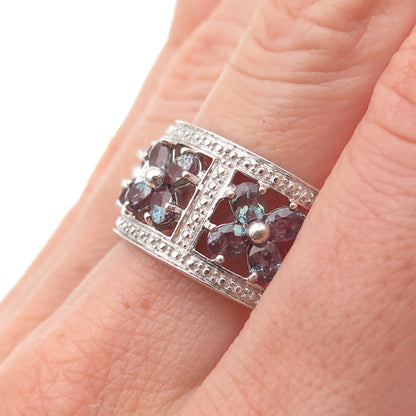 925 Sterling Silver Lab-Created Peacock Sapphire Floral Ring Size 9