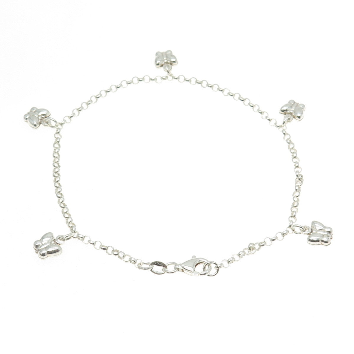 925 Sterling Silver Italy Butterfly Charm Rolo Link Anklet Bracelet 10"