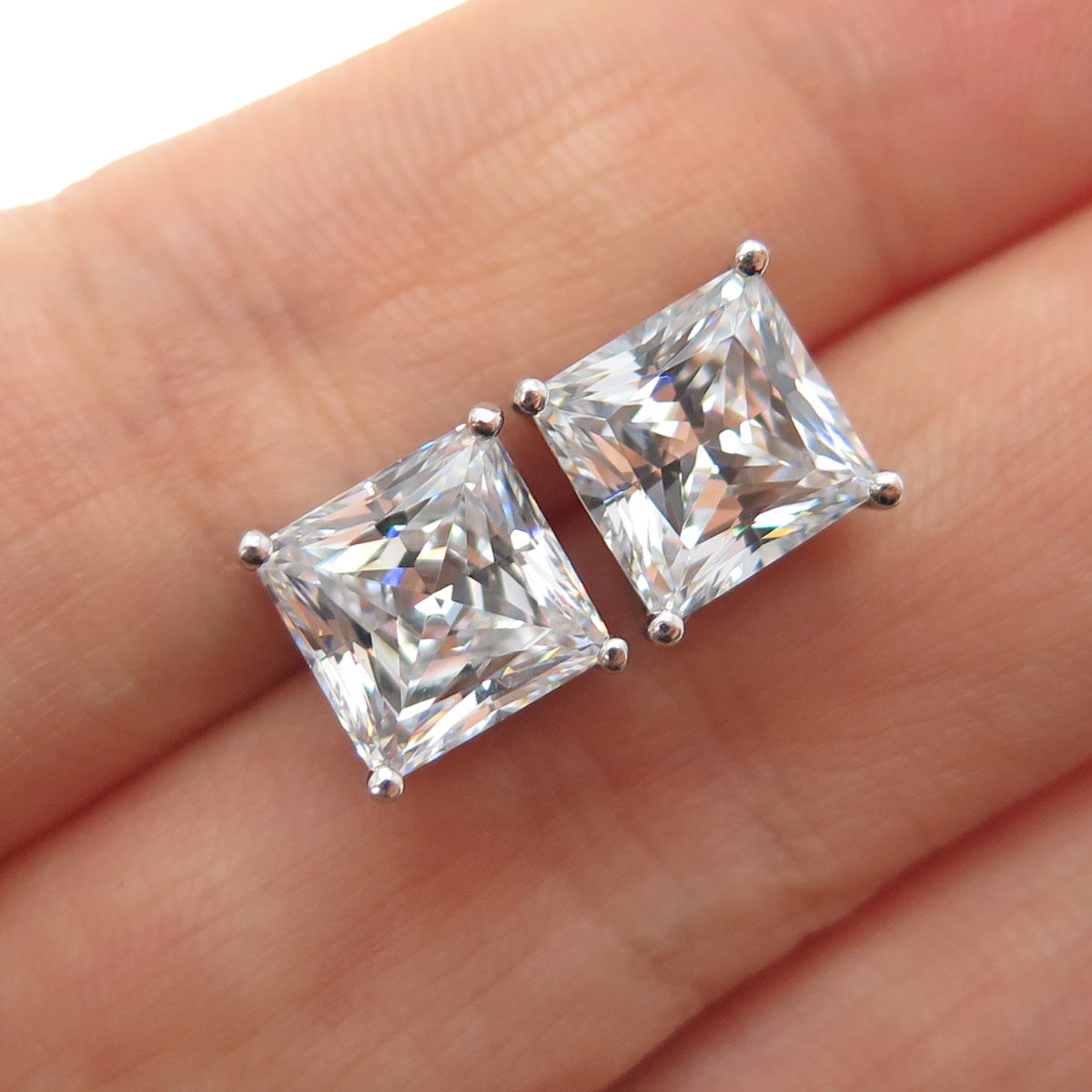 925 Sterling Silver Princess-Cut C Z Stud Earrings