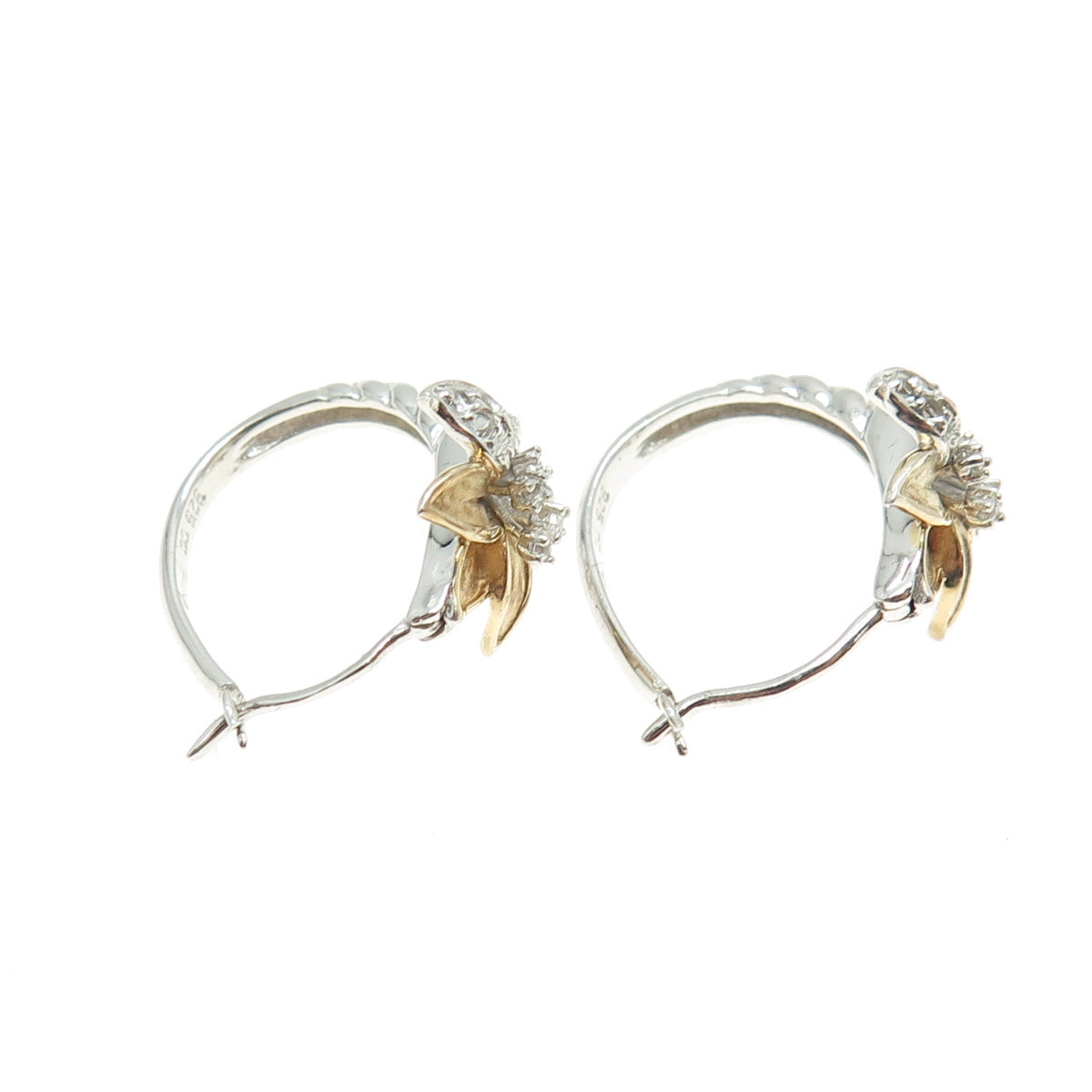 925 Sterling Silver 2-Tone Real Round-Cut Diamond Lily Flower Hoop Earrings