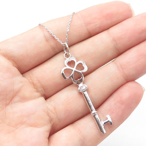 925 Sterling Silver Italy White C Z Key Clover Chain Necklace 16"