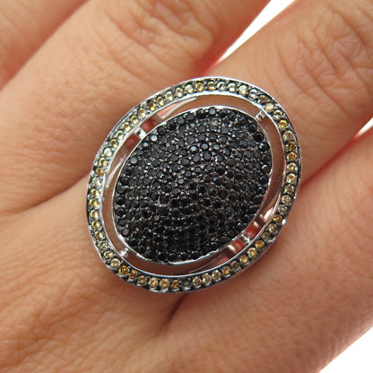 925 Sterling Silver Real Round-Cut Black Spinel & Citrine Ring Size 8.5