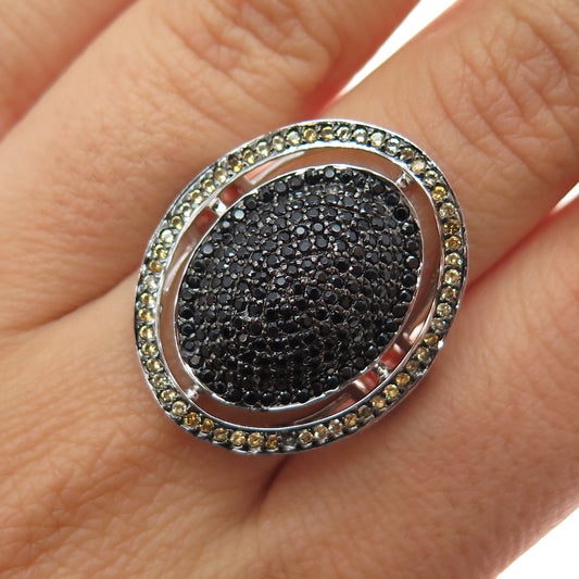 925 Sterling Silver Real Round-Cut Black Spinel & Citrine Ring Size 8.5