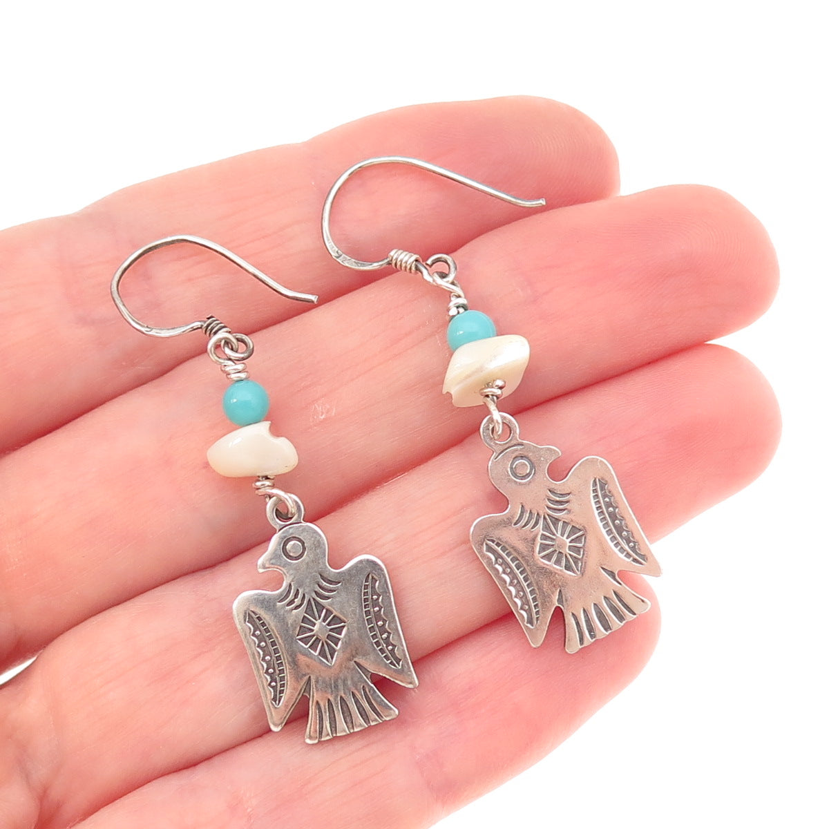 Old Pawn 925 Sterling Silver Vintage Turquoise & MOP Thunderbird Dangle Earrings