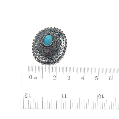 925 Sterling Silver Antique Art Deco Real Turquoise Filigree Oxidized Pin Brooch