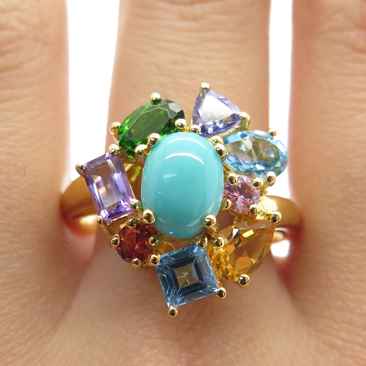 925 Sterling Silver Turquoise Amethyst Blue Topaz Citrine Peridot Ring Size 8.25