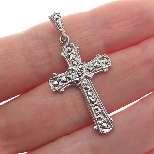 THEDA 925 Sterling Silver Vintage Real Marcasite Gemstone Cross Pendant