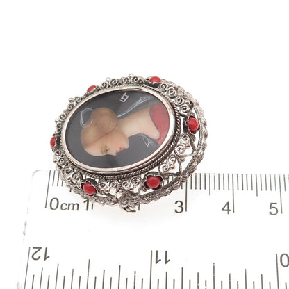 800 Silver Antique Real Coral Hand Painted Cameo Portrait Pin Brooch / Pendant