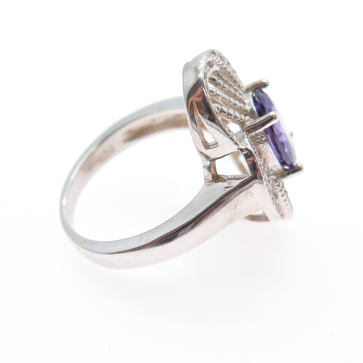 925 Sterling Silver Nano Amethyst & C Z Flower Ring Size 6.75