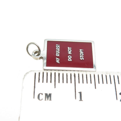 925 Sterling Silver Red Enamel "My Rules! Do Not Stop!" Minimalist Charm Pendant