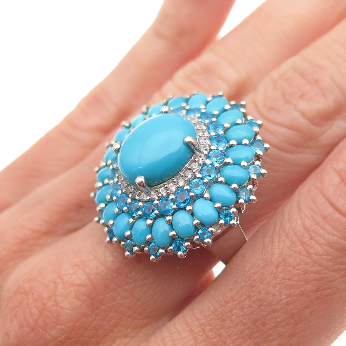 Chuck Clemency 925 Sterling Silver Real Turquoise Apatite & Topaz Ring Size 7.75