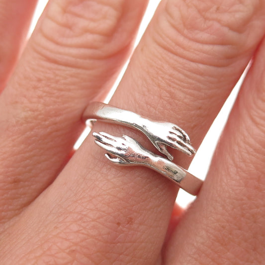 925 Sterling Silver Vintage Hug Oxidized Adjustable Ring Size 8.5