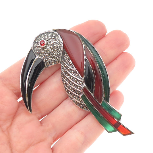 925 Sterling Silver Vintage Real Multi-Color Gem Toucan Oxidized Large Brooch