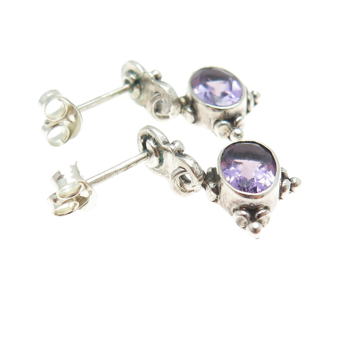 925 Sterling Silver Vintage Real Amethyst Granulated Oxidized Earrings