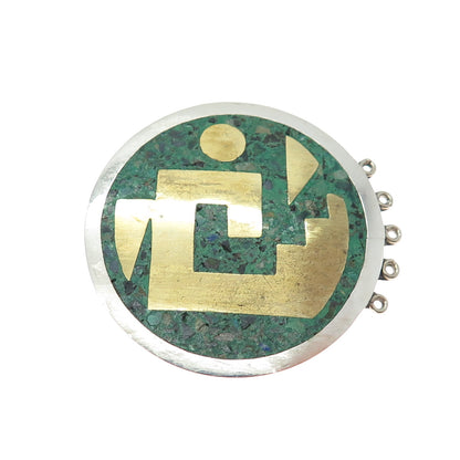 925 Sterling Silver 2-Tone Vintage Mexico Azurite Tribal Symbol Brooch / Pendant