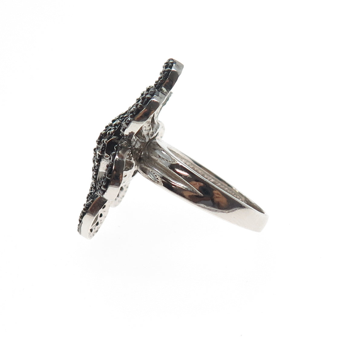 925 Sterling Silver Real Black Spinel & C Z Modernist Flower Ring Size 6.25