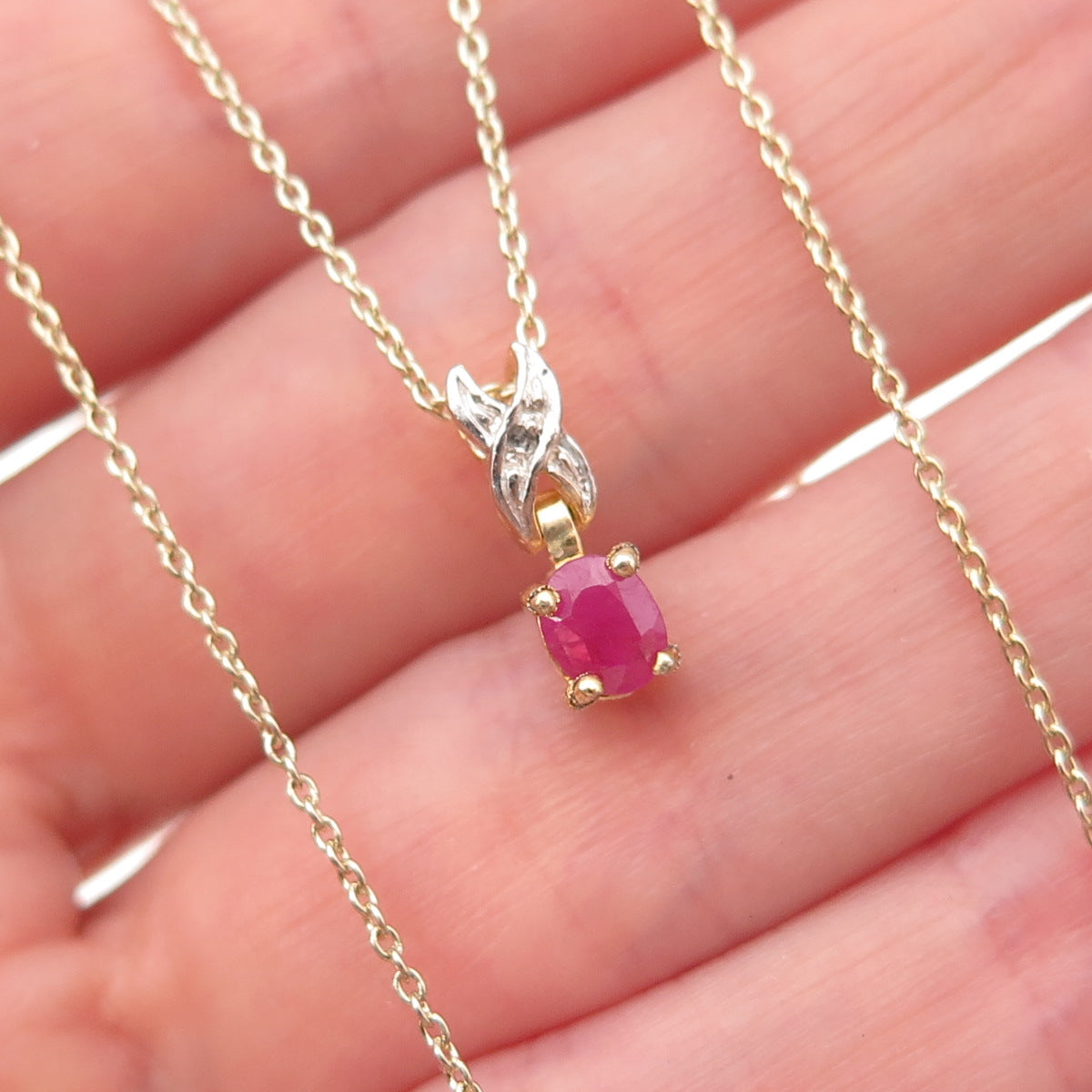 Han 925 Sterling Silver Gold Plated Real Diamond Accent Ruby Chain Necklace 18"