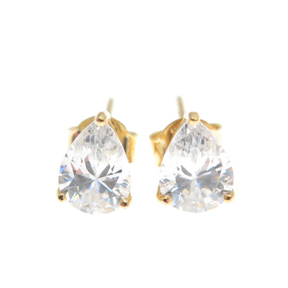 925 Sterling Silver Gold Plated Pear-Cut C Z Teardrop Stud Earrings