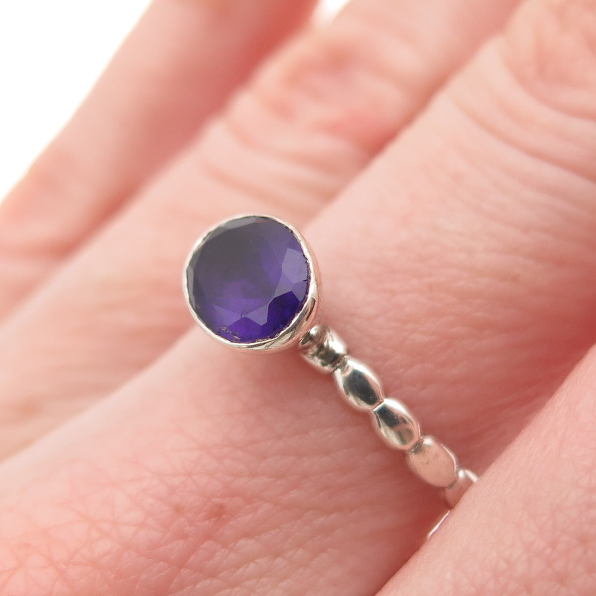 925 Sterling Silver Vintage Real Oval-Cut Amethyst Bubble Ring Size 7