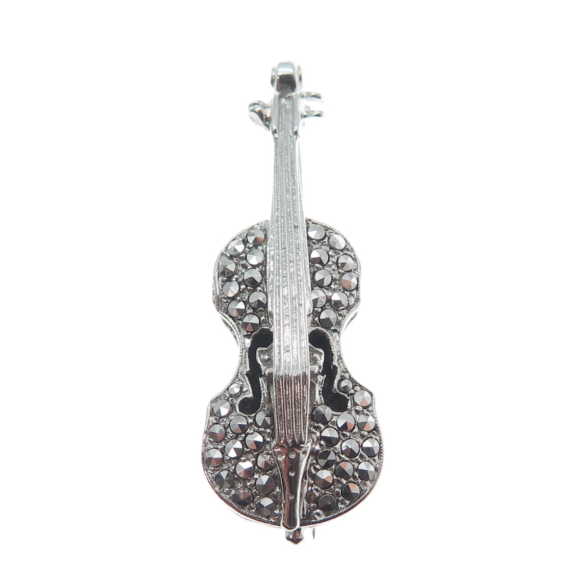 925 Sterling Silver Antique Art Deco Real Marcasite Gemstone Violin Pin Brooch