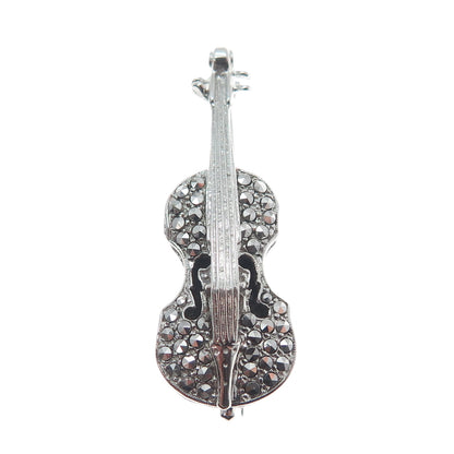 925 Sterling Silver Antique Art Deco Real Marcasite Gemstone Violin Pin Brooch