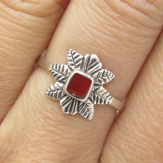 925 Sterling Silver Vintage Real Carnelian Floral Leaf Oxidized Ring Size 7.25