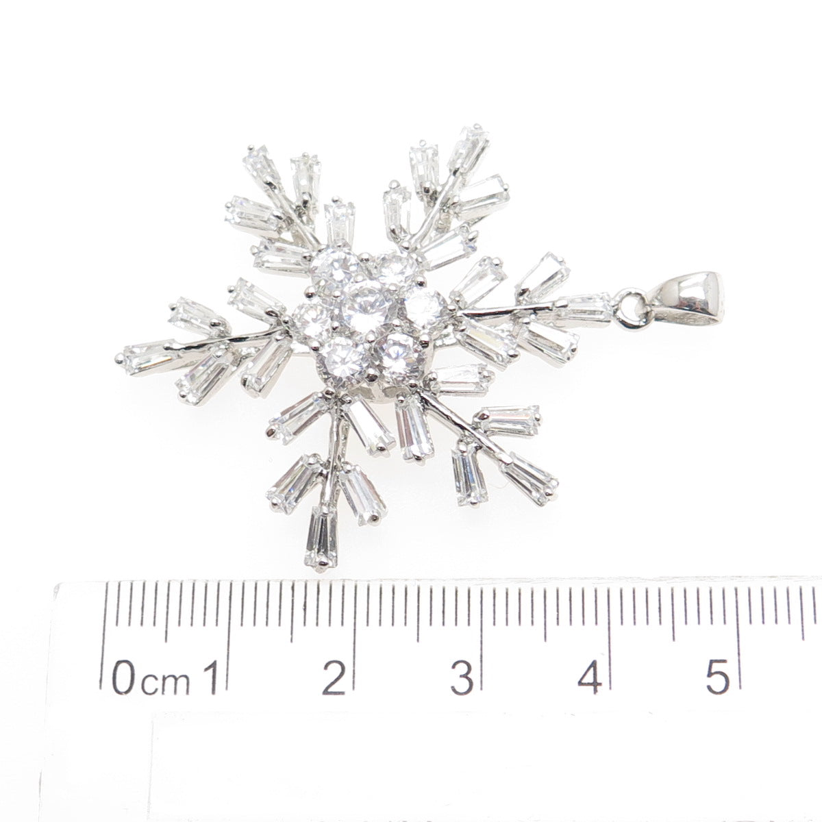 925 Sterling Silver Round & Tapered Baguette-Cut Shaped C Z Snowflake Pendant