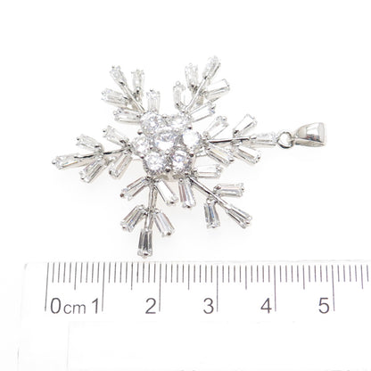 925 Sterling Silver Round & Tapered Baguette-Cut Shaped C Z Snowflake Pendant