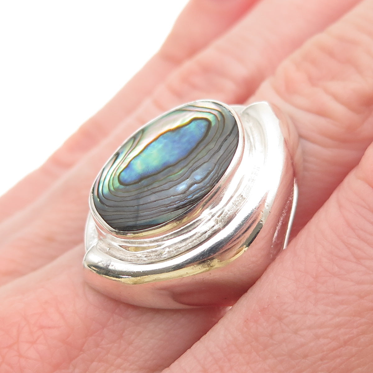 925 Sterling Silver Vintage Mexico Real Abalone Shell Modernist Ring Size 7.25