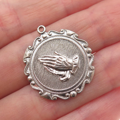 925 Sterling Silver Vintage Prayer Hands Oxidized Charm Pendant