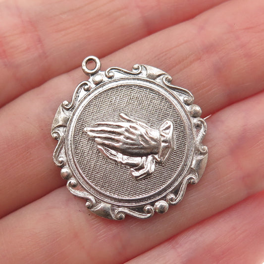 925 Sterling Silver Vintage Prayer Hands Oxidized Charm Pendant