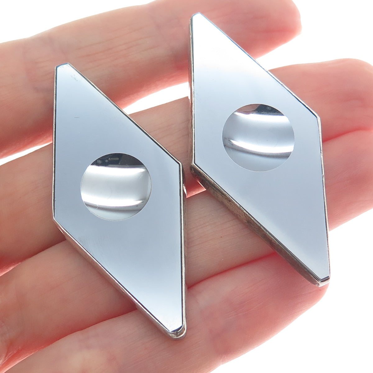925 Sterling Silver Vintage Poland Real Hematite Modernist Oxidized Earrings
