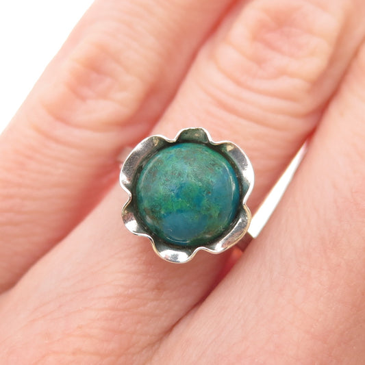 925 Sterling Silver Vintage Real Azurite Modernist Floral Ring Size 5.25