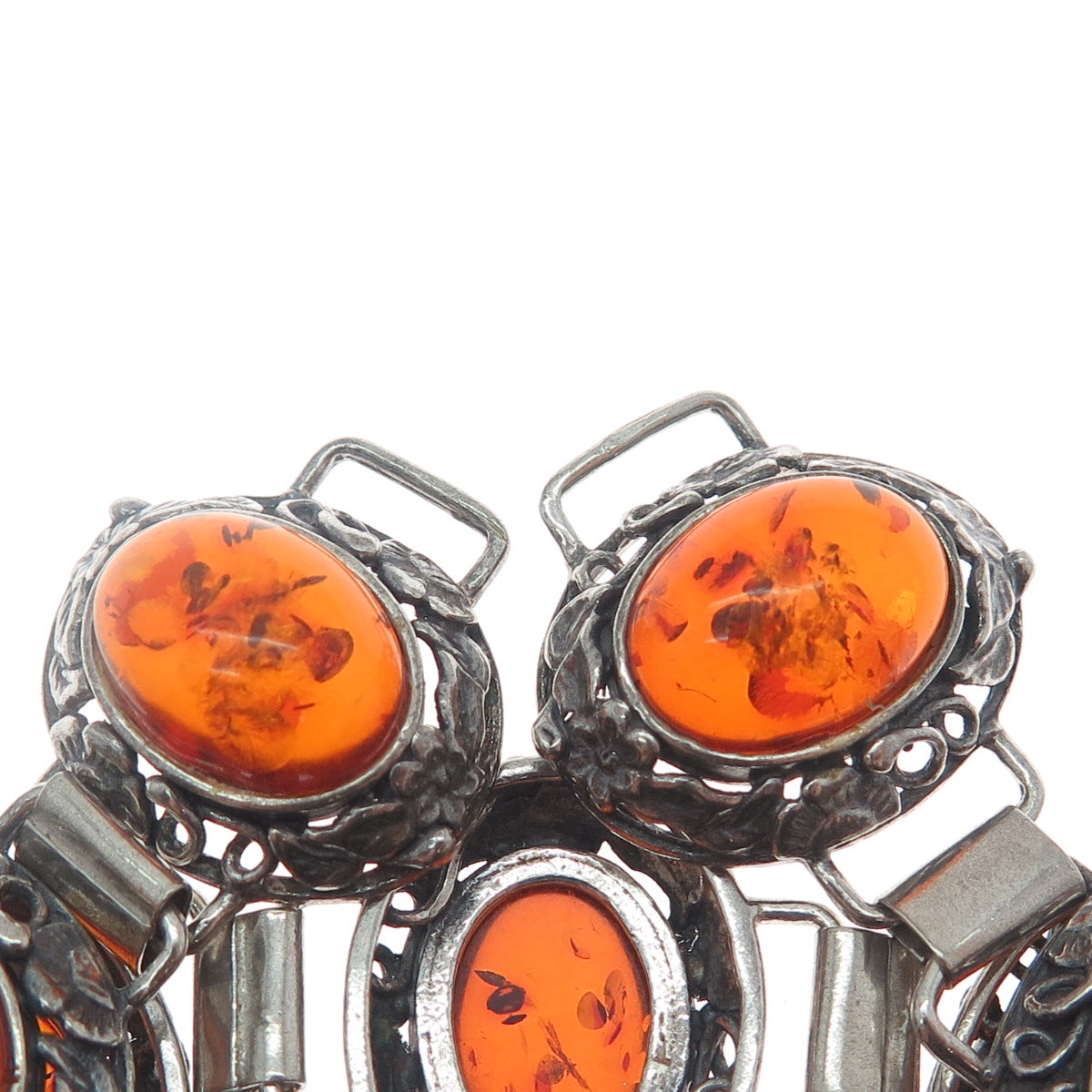 925 Sterling Silver Vintage Amber Floral Oxidized Bracelet 6.5" (missing lock)