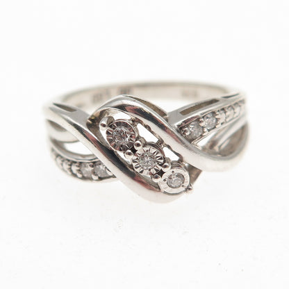 925 Sterling Silver Real Round-Cut Diamond Twisted Ring Size 6