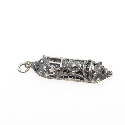 925 Sterling Silver Vintage Israel Mezuzah Filigree Oxidized Charm Pendant