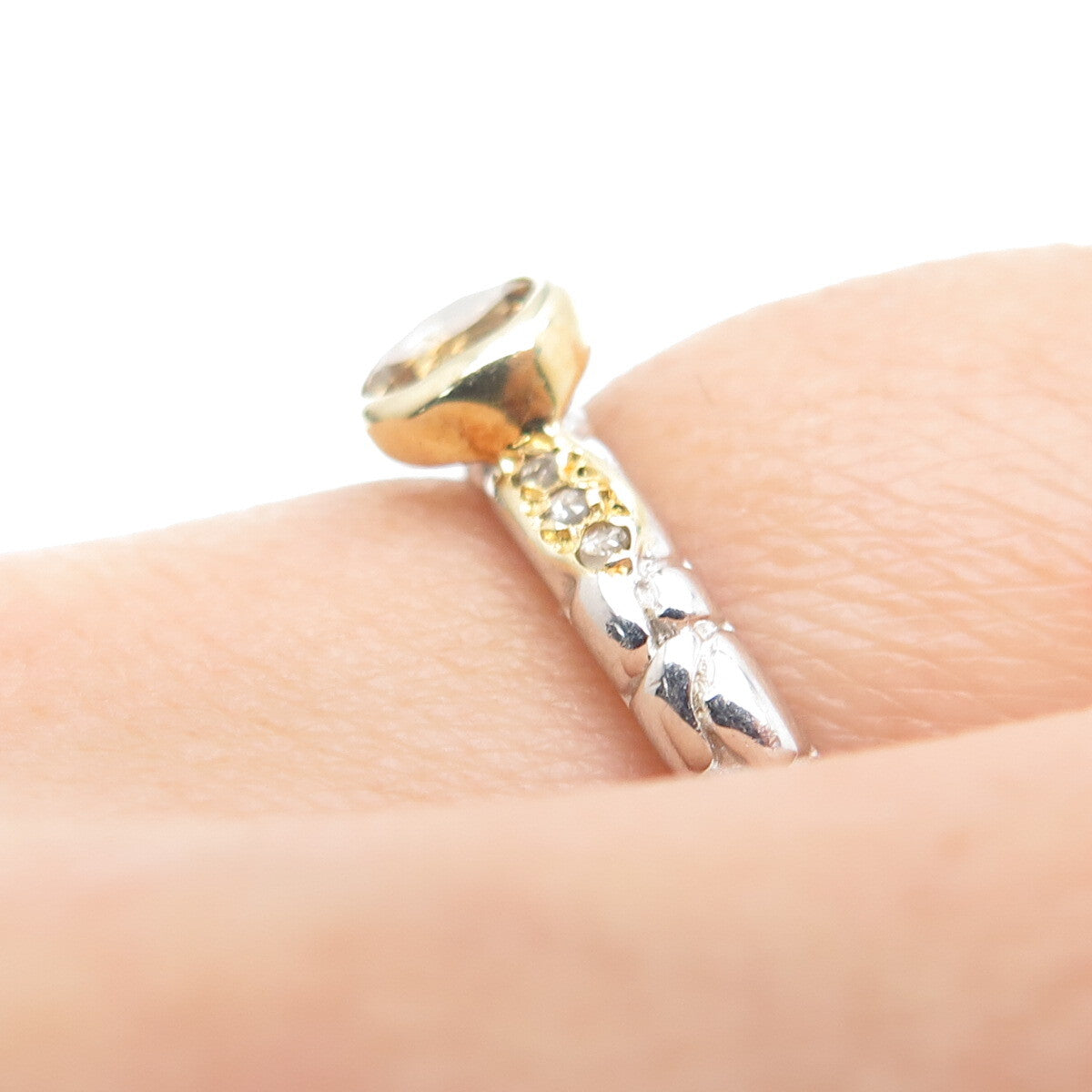 925 Sterling Silver 2-Tone Real Diamond & Citrine Dragon Skin Ring Size 6.75