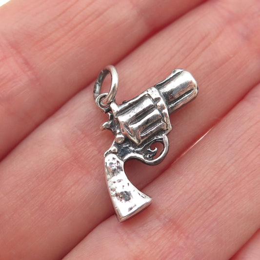 925 Sterling Silver Vintage Revolver Oxidized Mini Charm Pendant
