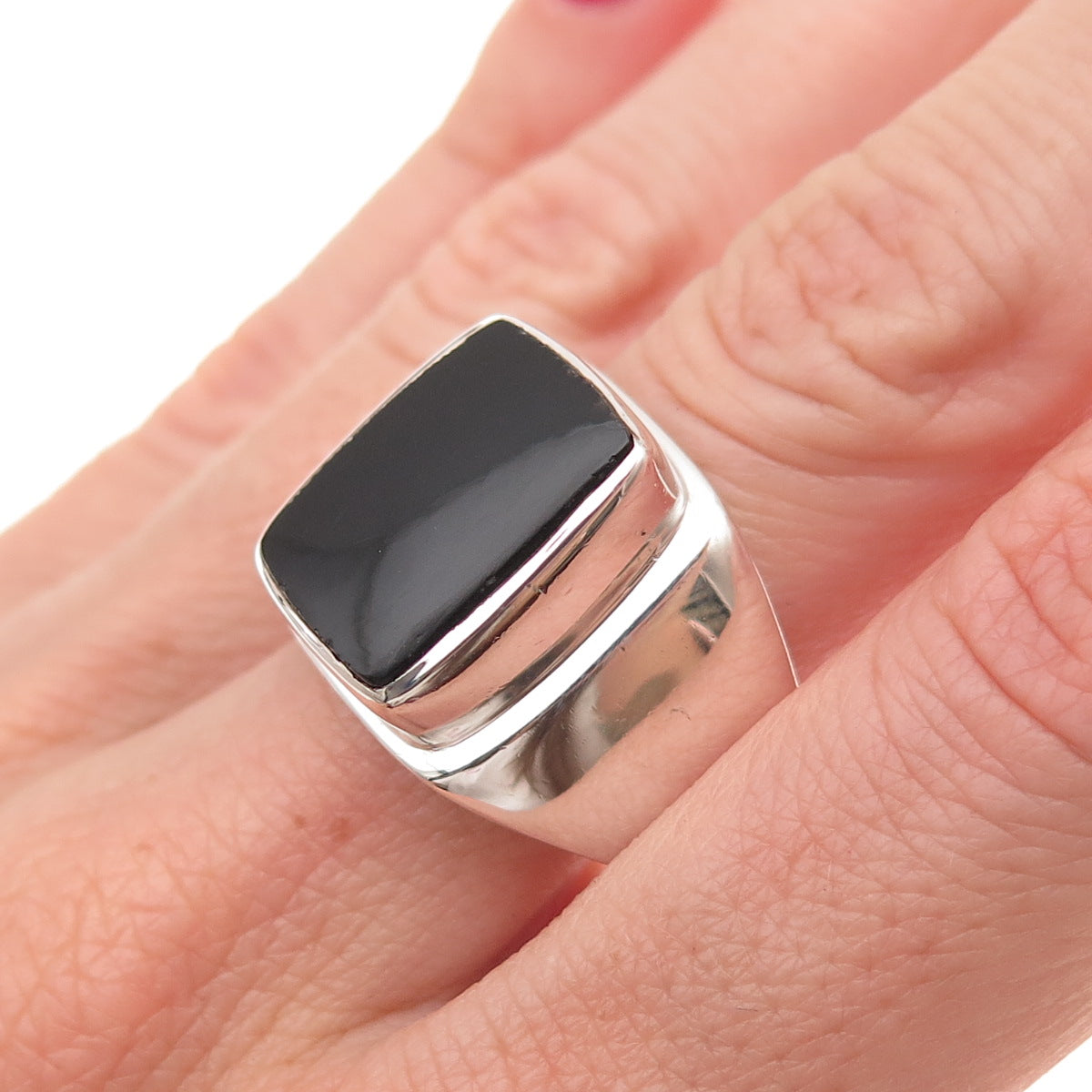 925 Sterling Silver Vintage Real Black Onyx Modernist Ring Size 12.25