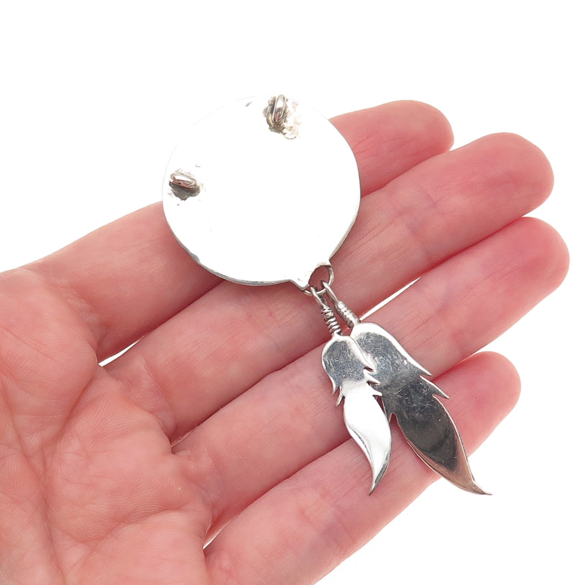 Old Pawn 925 Sterling Silver Vintage Turquoise Shadow Box Feather Slide Pendant