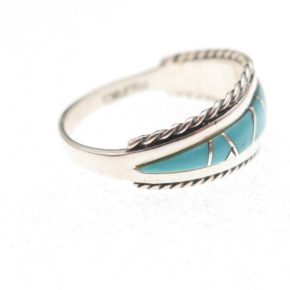 925 Sterling Silver Vintage Real Turquoise Zig Zag Oxidized Ring Size 8.25