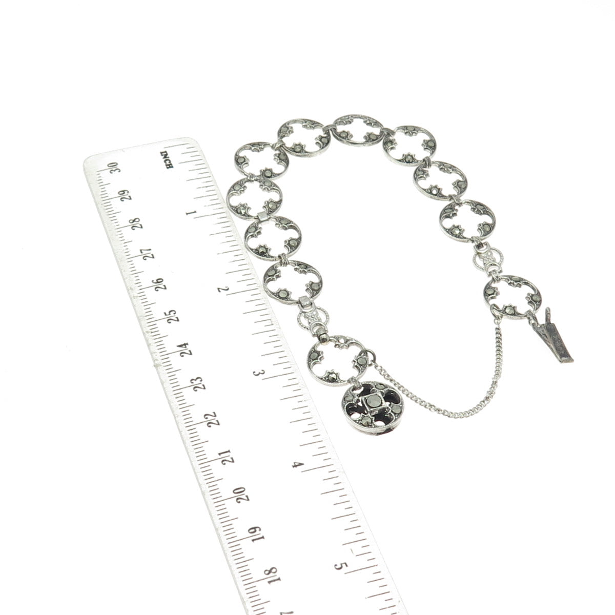 925 Sterling Silver Antique Art Deco Real Marcasite Round Link Bracelet 7.5"