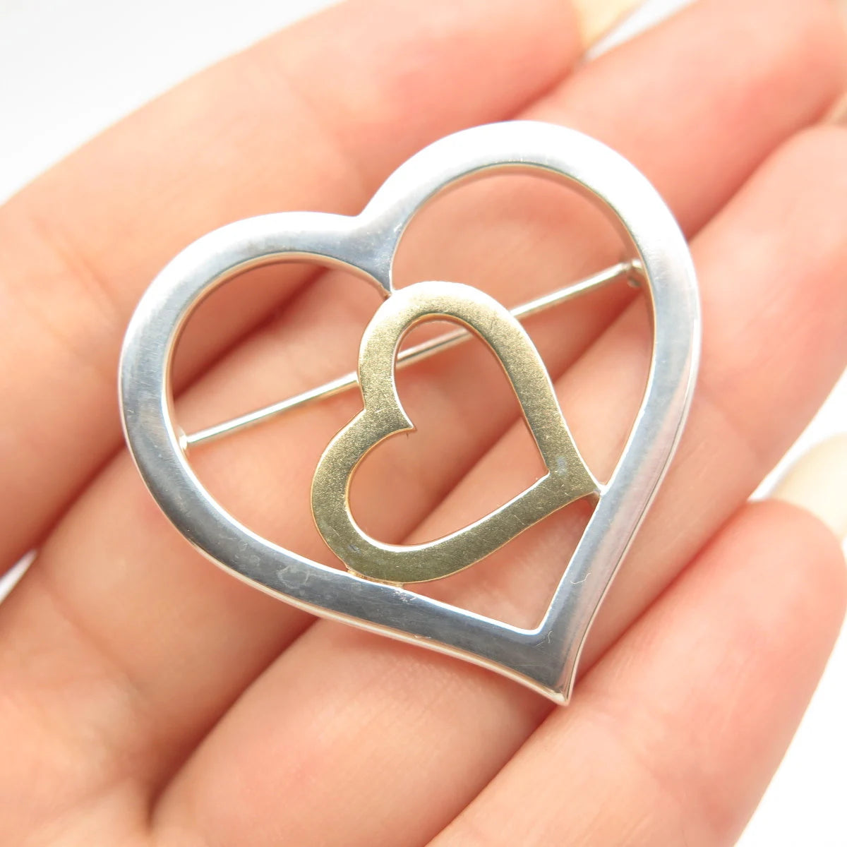 925 Sterling Silver 2-Tone Vintage Couple of Heart Pin Brooch