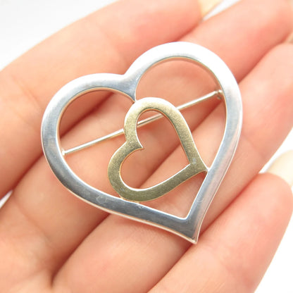 925 Sterling Silver 2-Tone Vintage Couple of Heart Pin Brooch