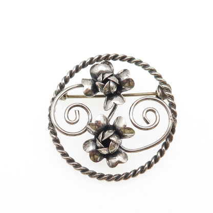 925 Sterling Silver Vintage Rose Flower Oxidized Pin Brooch