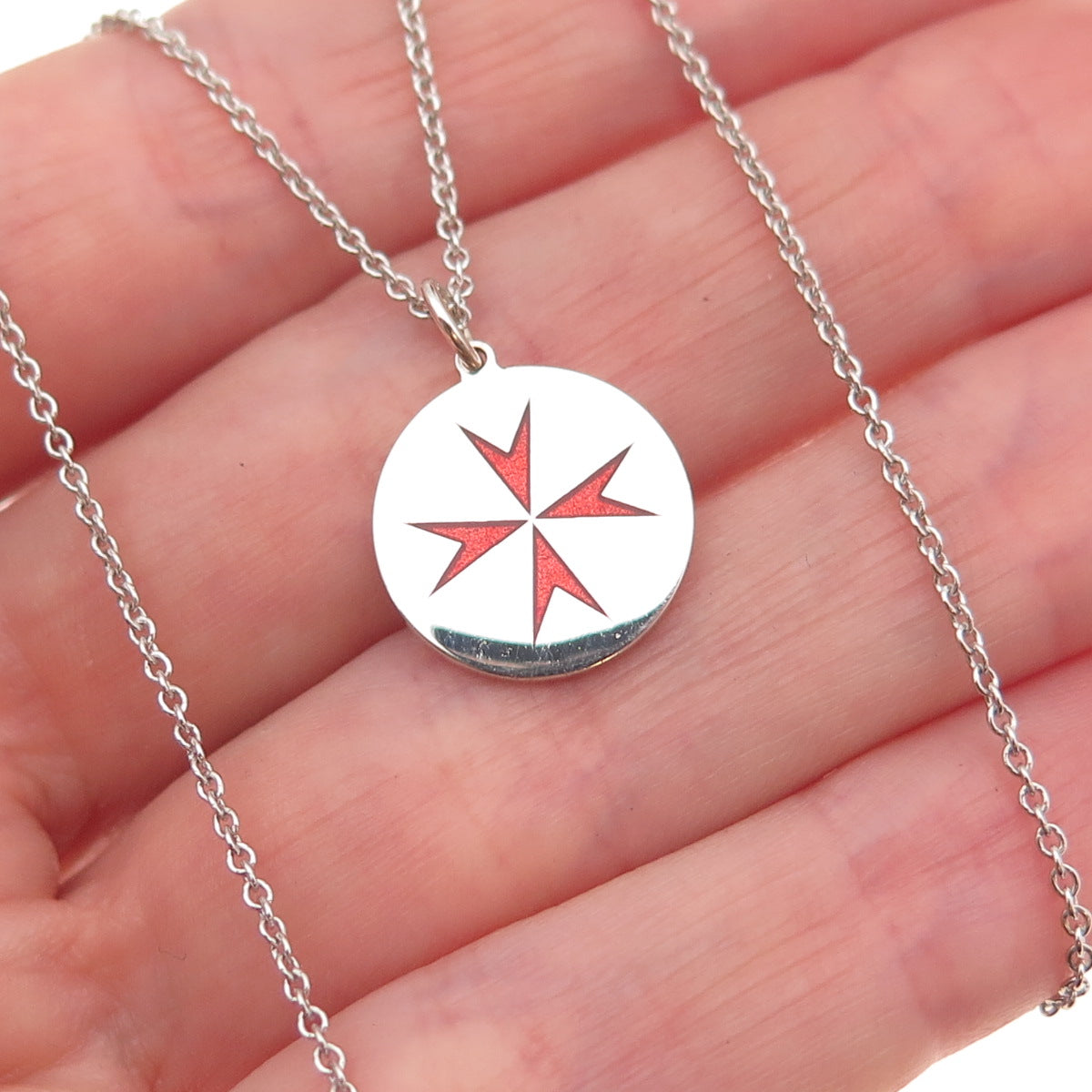 925 Sterling Silver Enamel Maltese Cross Cable Chain Necklace 18"