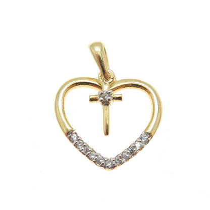 HAN 925 Sterling Silver Gold Plated Round-Cut C Z Heart Cross Minimalist Pendant